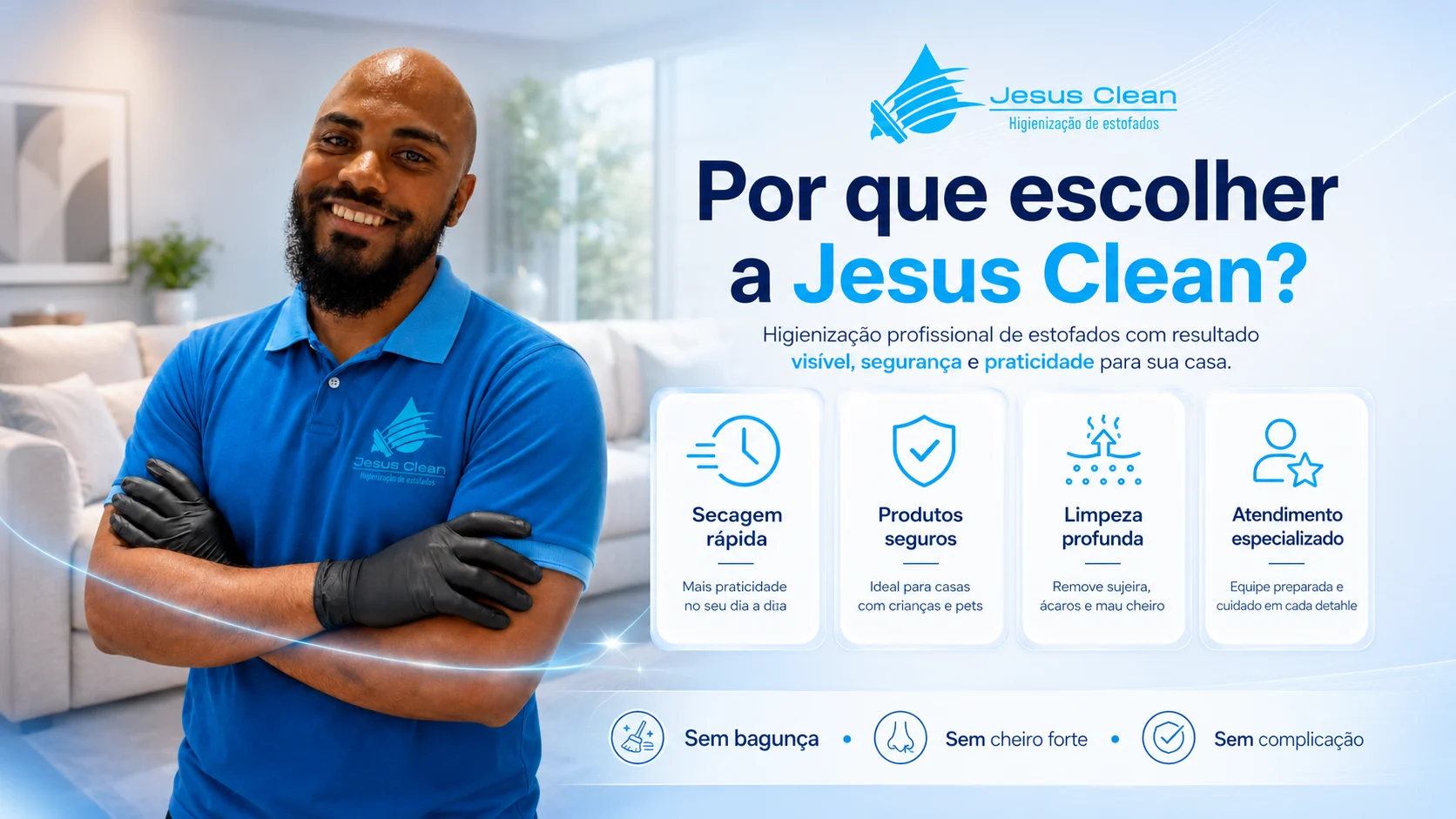 Igor Jesus usando uniforme azul em ambiente residencial preparado para atendimento