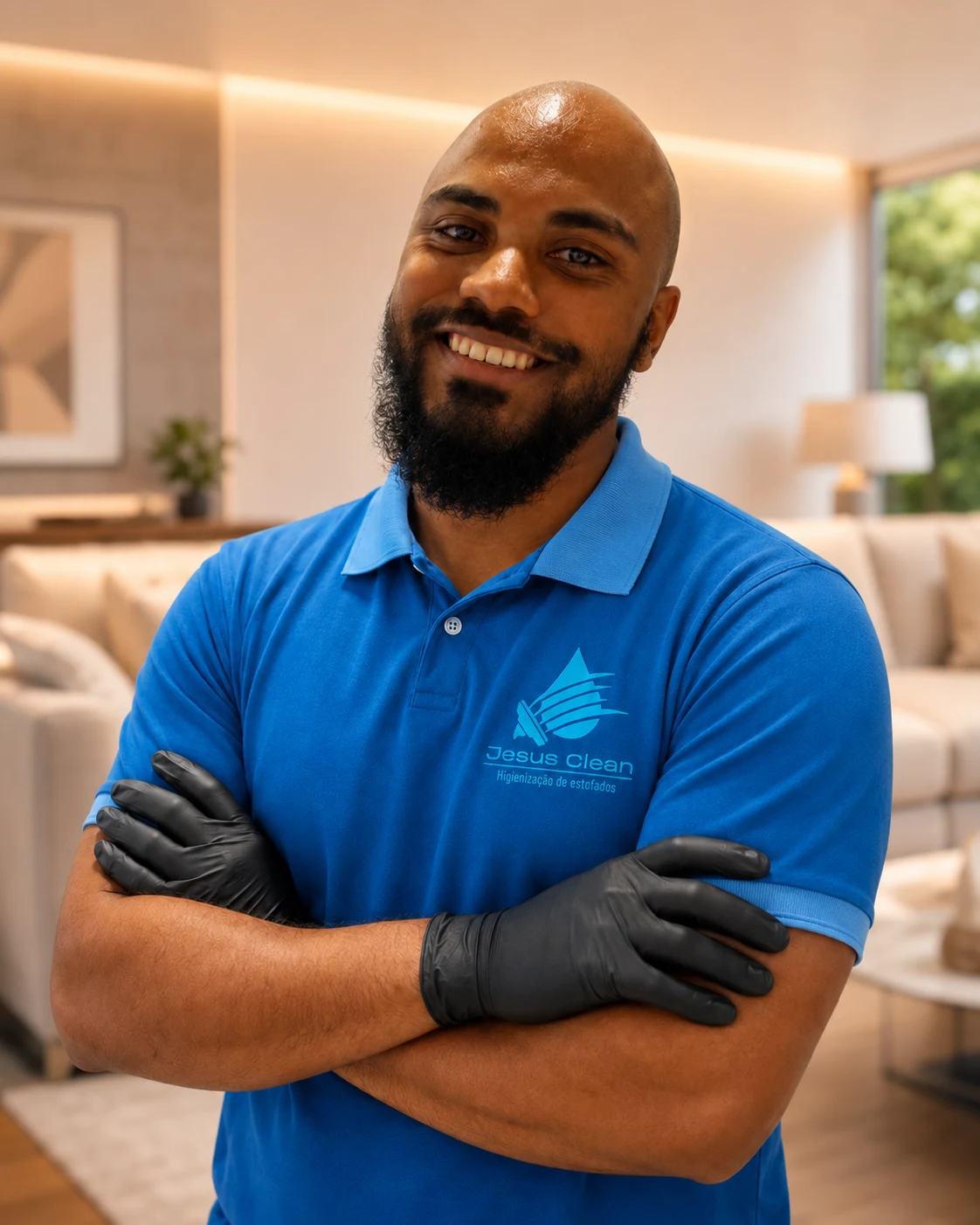 Igor Jesus, fundador da Jesus Clean, usando uniforme azul da marca